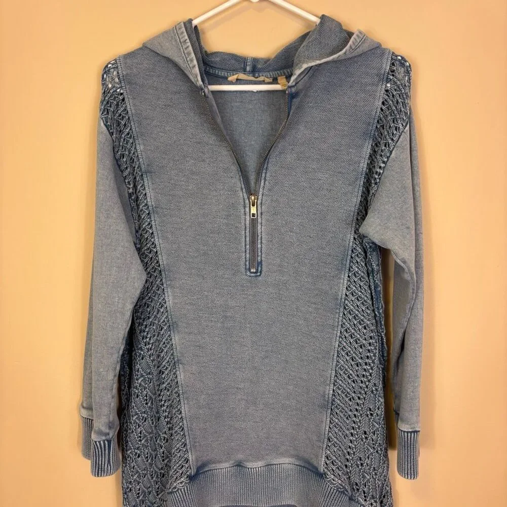 Soft Surroundings Blue Knit Side Hooded Quarter‎ Zip Hooded Pullover Small